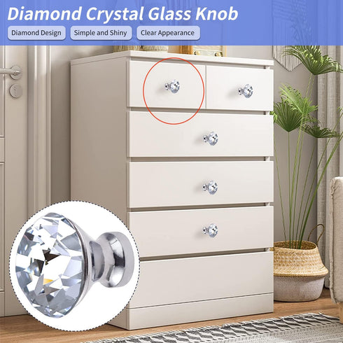 MroMax 5 Pcs Crystal Glass Dresser Knobs, 30mm Diamond Pull Handles with Silver Zinc Alloy Base