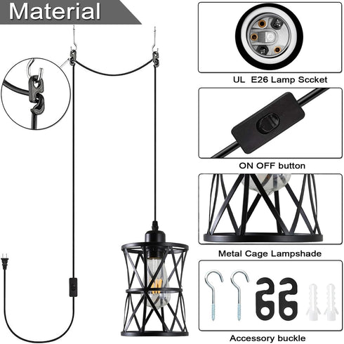 Laihezz Plug in Pendant Light, Hanging Light Fixture with Plug in Cord, Metal Black Hanging Lights with Plug in Cord