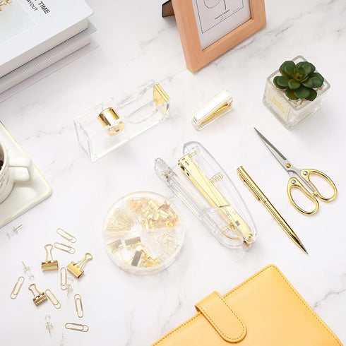 Office Supplies Set, Desk Accessory Kit, Acrylic Stapler, Tape Dispenser, Clips, Ballpoint Pen, 1000 Staples