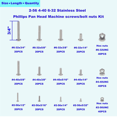 #2-56 #4-40 #6-32 UNC Stainless Steel Phillips Pan Head Machine Screws Nuts Assortment Kit