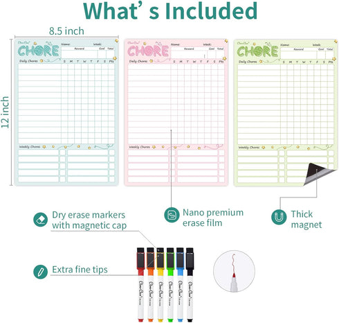 CLEVER CLEAN Magnetic Dry Erase Chore Chart - 8.5"x12" Behavior Responsibility Chore Board for Kids, Teenagers - 6 Extra Fine Point Markers Included - Shipped Flat 3 Pcs Blue Pink & Green by Clever Clean