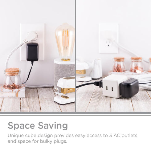 Cordinate Cube Extension Cord, 5 Ft, 3-Outlet Flat Plug, 3 Prong, 2 USB Ports, Braided, Gray/White, 55355