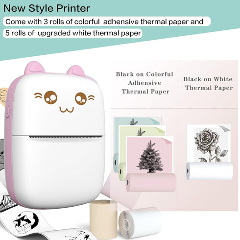 Mini Portable Printer, Inkless Bluetooth Sticker Printer with 8 Rolls Paper, Compatible with iOS + Android (Pink)