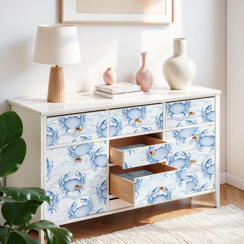 Kanworse 24"x118" Peel and Stick Wallpaper Blue Crab Watercolor Soft Waves Delicate Details Contact Paper Removable