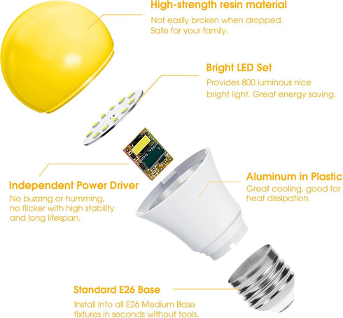 Yellow LED Bug Light Bulbs, A19 Outdoor 60W Equivalent, 9W Yellow Amber Bug Lights, E26 Base, Non-Dimmable, 4 Pack