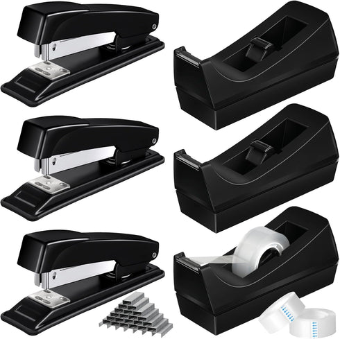 Thenshop 6 Pcs Desk Staplers Tape Dispensers Set, Black Staplers for Office, Includes Standard Staples and Tape Holder