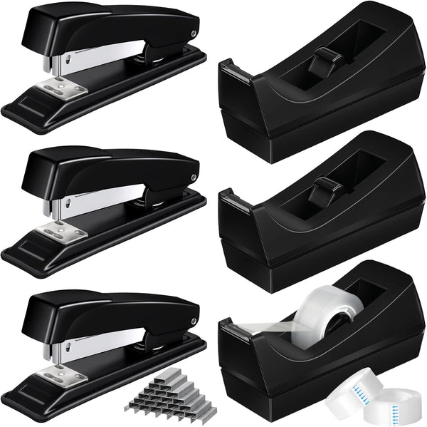 Thenshop 6 Pcs Desk Staplers Tape Dispensers Set, Black Staplers for Office, Includes Standard Staples and Tape Holder