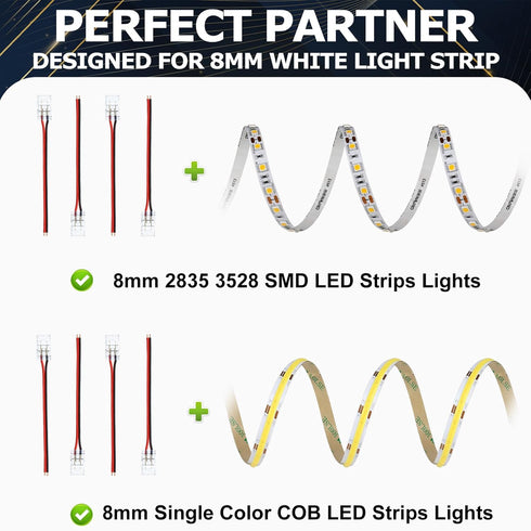 LightingWill 10 PCS 2Pin 8mm LED Connectors, Transparent Solderless Pigtail Connector for COB/SMD 2835 3528 LED Strips