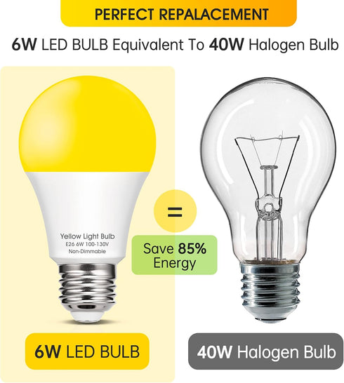 EvaStary Yellow LED Light Bulb, 6W LED Bug Light Bulbs, 40W Equivalent, A19 LED Amber, 4 Pack