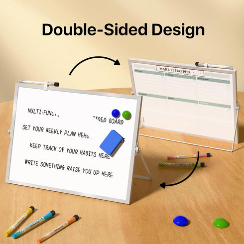 Dry Erase White Board with Stand, Double-Sided Weekly 12x16 inch, 10 Markers, 6 Magnets, Portable for Office