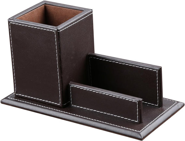 KINGFOM PU Leather Desk Organizer, Pencil Holder with Business Cards Stand, School Office Supplies Caddy - Brown
