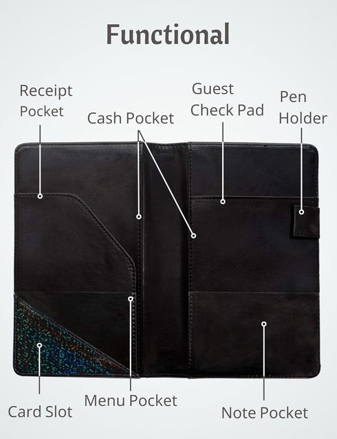 Mymazn Holographic Glitter Serving Book Waitress Wallet Waiter Book Organizer for Guest Check Book Restaurant Server