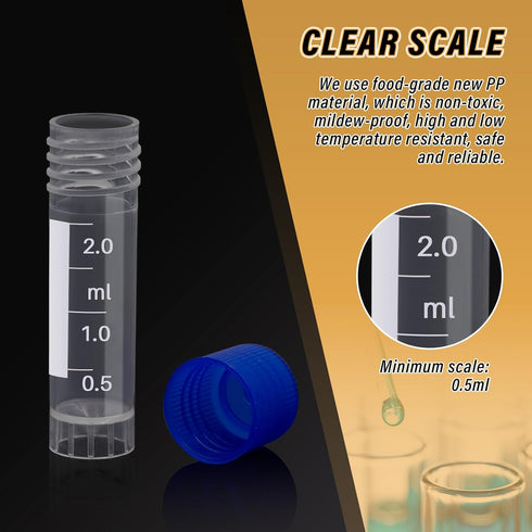100 Pcs 2ml Small Vials with Screw Caps, Centrifuge Tubes, Plastic Sample Tubes, Cryogenic Vials with Lids