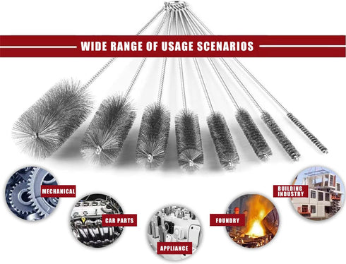 16 Inch Extra Long Pipe Cleaning Brush Set, Stainless Steel Bristles, 8 Piece Variety Pack for Auto Parts, Bottles,