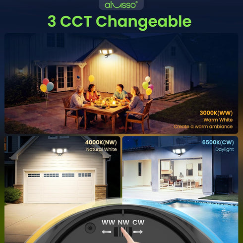 120V, 3CCT 3000K/4000K/6500K Light,ETL,3 40W 4500LM ALUSSO Motion Sensor Outdoor Lights Hardwired(Not Solar),Flood