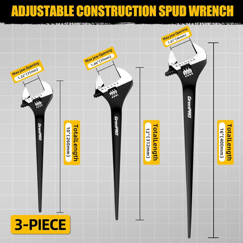 4-Piece Set 10" 12" 16" sets GRENPRO Adjustable Spud Wrench with Gloves, Large Crescent Plumbers Wrenches for Crowbar