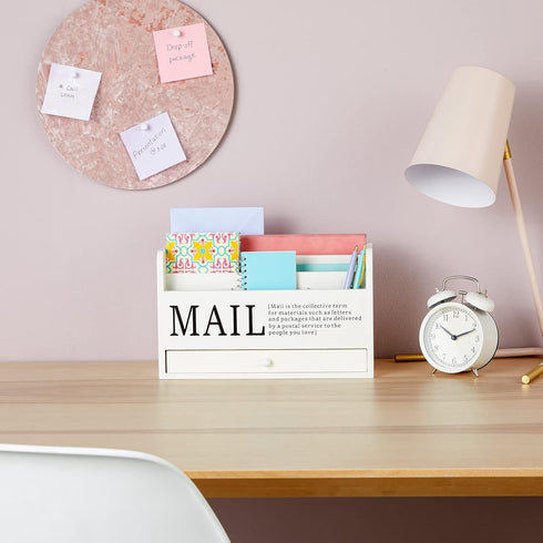 Juvale White Mail Organizer for Desktop, 3-Tier Wooden Sorter with Drawer for Files