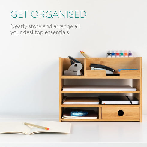 Navaris Bamboo Desk Organizer, Wood Desktop Storage Drawers for Organizing Stationery and Documents