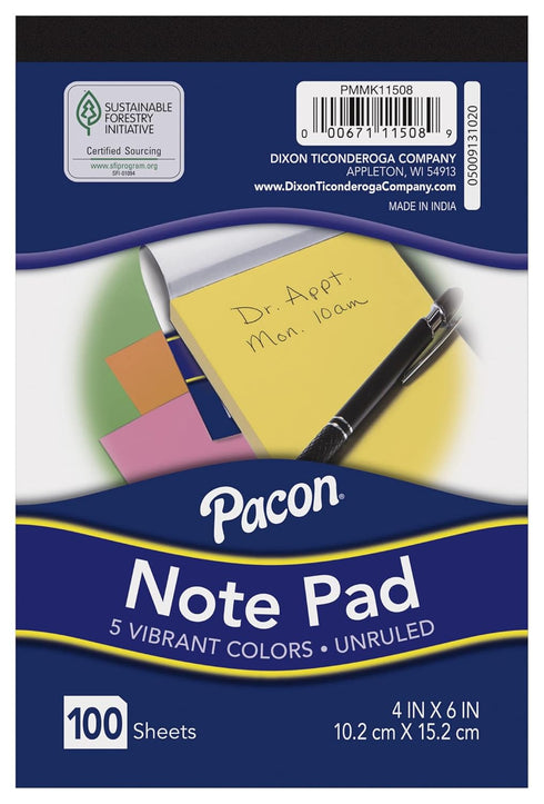 Pacon Note Pad, 4" x 6", Fluorescent Colors, 100 Sheets