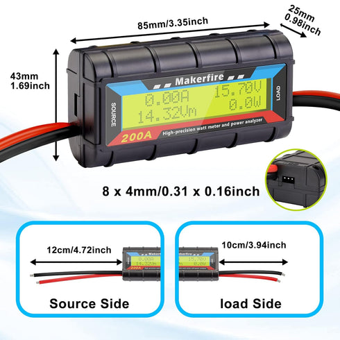 Makerfire 200A Upgraded Watt Meter with Longer Wire, High Precision Power Analyzer, Battery Tester, Voltage Amp