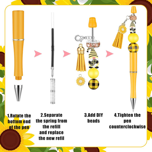 ReliThick 15 Sets Sunflower Beadable Pens, Bulk Plastic Beadable Pens, Black Ink Ballpoint Pen DIY Set for Women Kids