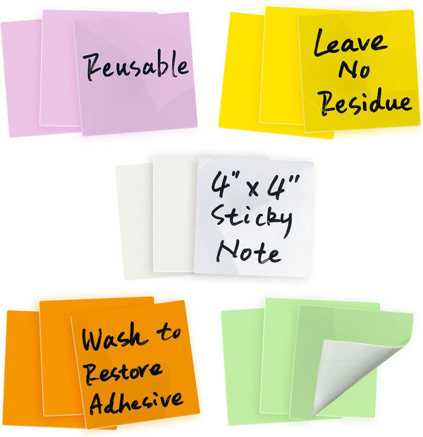Mr-Label 15-Pack 4"x4" Reusable Dry Erase Self-Sticky Notes, Multi Color Washable Post It Notes for Quick Memo