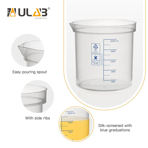 ULAB Stackable Graduated Plastic Beakers, 2000ml (68oz) Volume, Easy-to-Read Blue Printings, UBP1017