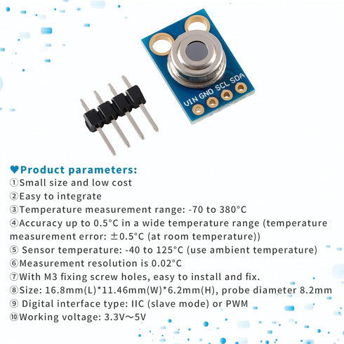 GY-906 MLX90614 Non-Contact IR Infrared Temperature Sensor Module IR Temperature Acquisition Module High Precision High Resolution Infrared Temperature Sensor IIC Serial Port for Arduino