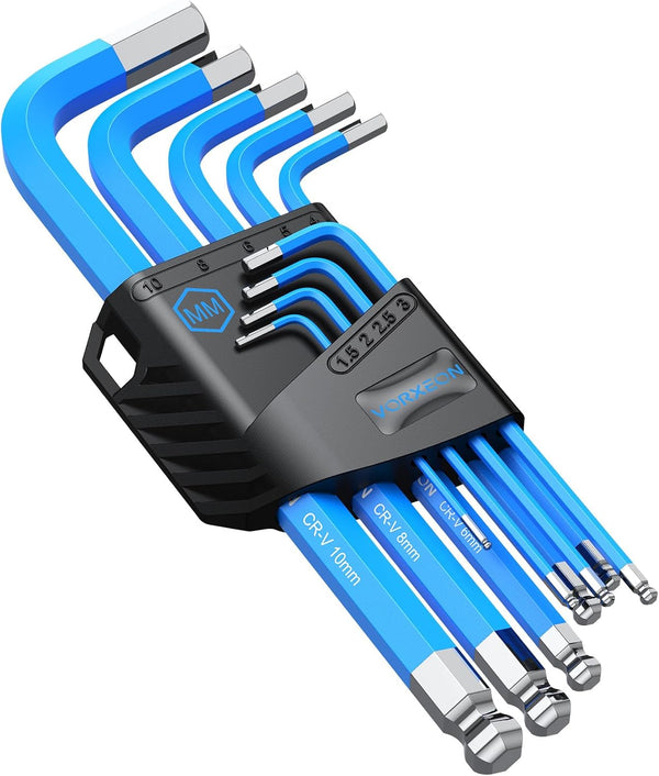 Allen Wrench Hex Key Set, 9PCS Metric Long Ball End L-key Set 1.5mm-10mm with Visible Coding for DIY and Repair