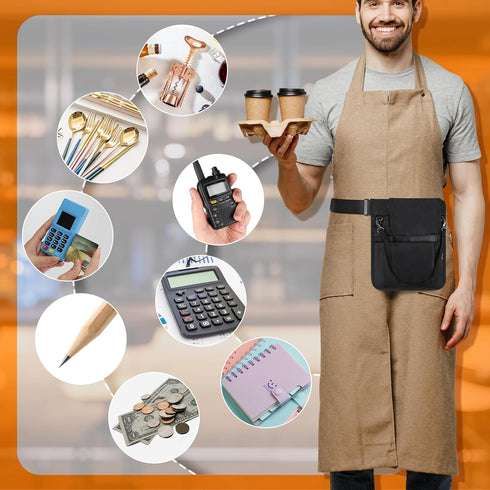 7 Desing Wish Flip Cover Server Apron with Pockets & Hanging Strap, Waitress Apron with Adjustable Belt Work Tool Bag