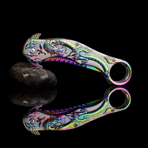 Pocket Knife for Men, Cool Folding Knife With Embossed 3D Dragon Relief, Great Gift Edc Knife For Men Outdoor Survival Camping Hiking (Rainbow) by Vividstill