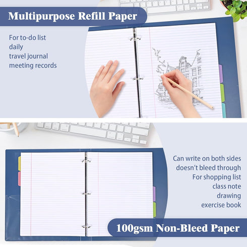 Filler Paper, 8.5” x 11” Lined Notebook Paper, 3 Holes College Rule with Dividers, 100gsm 260 Pages A4 Loose Leaf