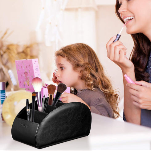 SITHON Remote Control Holder with 5 Compartments, PU Leather Remote Caddy Desktop Organizer for TV, Media Players, Black