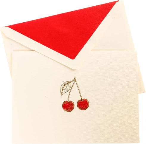 Set, 10 11 5.25" 3.8" Graphique Cherries Designer Cards Luxe Collection, Gold Foil Embossed Stationery Boxed Blank