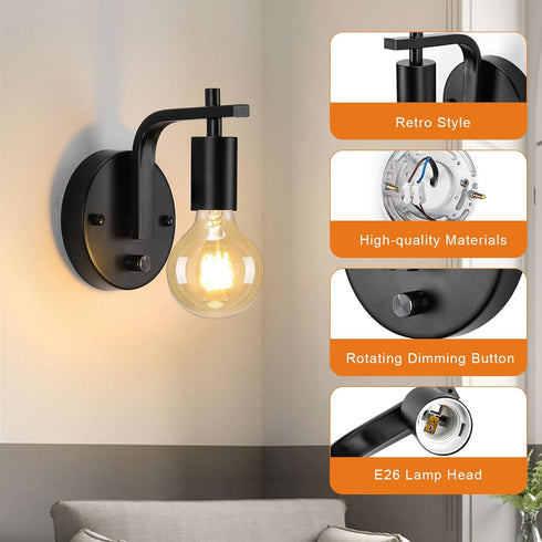Glighone Dimmble E26 Black Wall Sconce with Switch, Wall Lamp, Wall Mounted Bedside Lamps, Retro Wall Light Industrial
