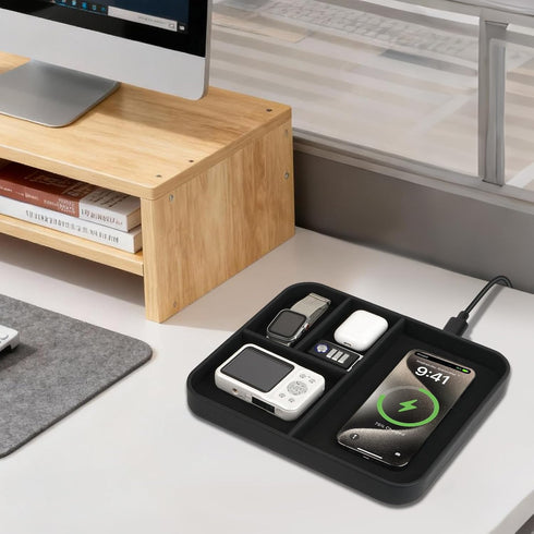 VOVIPO Birthday Gifts Bedside Organiser-Faux Leather Valet Tray With Wireless Charger For Phone And Earbuds,Nightstand