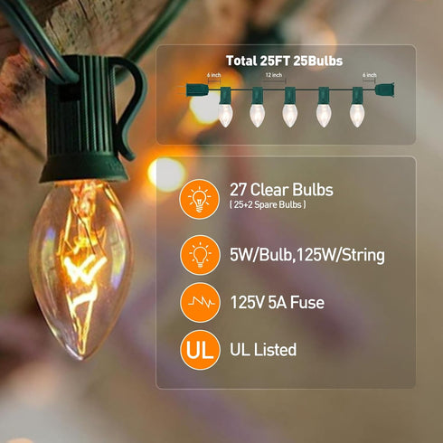 C7 25FT 27 Bulbs Outdoor Christmas Lights, Warm White Vintage String Lights with Clear for Patio, Garden, Eaves