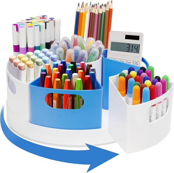 Rotating Art Supply Organizer Caddy for Kids - 7 Bins Craft Marker Crayon Storage for School Desk, Lazy Susan Holder