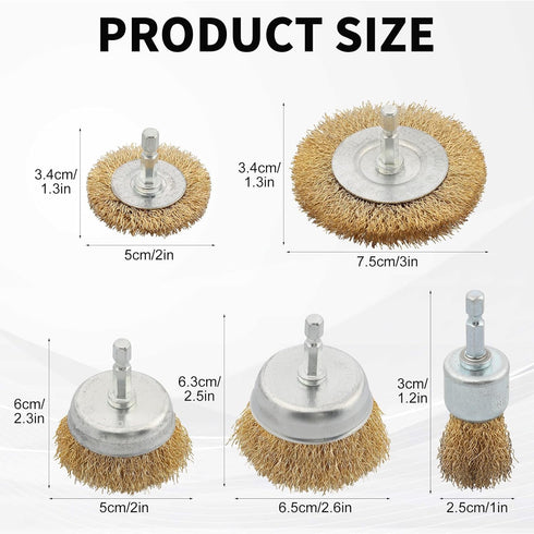 5 Pcs Wire Brush Wheel for Drill, Brass Wire Brush for Drill, 1/4 Inch Hex Shank, Wire Brush Drill Bit, Wire C up Brush for Rust Removal, Wire Brush Drill Attachments