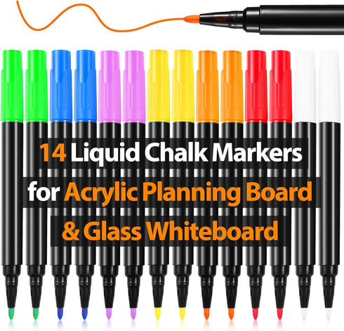 Liquid Chalk Markers for Acrylic Fridge Calendar, 14 Pack, 7 Vibrant Colors, 1mm Fine Points, Easy Wet Erase