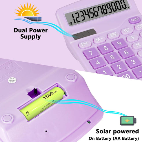 Cute Purple Desktop Calculator with Big Buttons, Dual Power Source, Large Display Screen for Office and Students, Purple