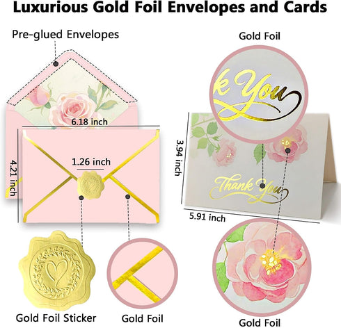 50 (4 Luxurious Gold Foil Thank You Cards Bulk with Envelopes and Stickers for Birthday Baby Shower Bridal Shower