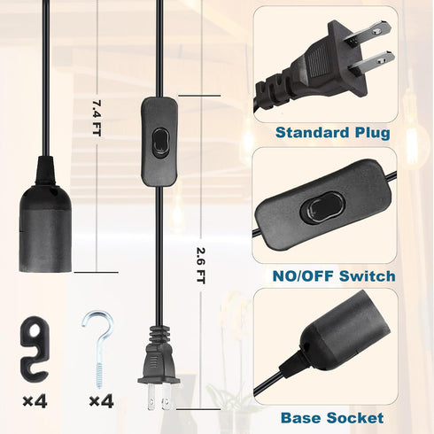 Bulb 10Ft E26/E27 4 Pack Hanging Light Socket with Cord - Plug in Light Socket Extension Lantern Cable with On/Off