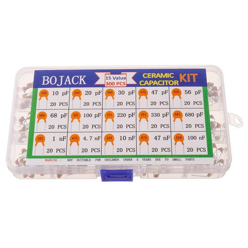 BOJACK 300 Pcs Ceramic Capacitor Assortment Kit - 15 Values Including 10 to 100 nF Multilayer Capacitors