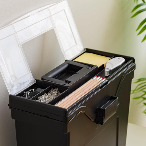 IRIS USA Slim Portable File Box, Black, 4 Pack, BPA-Free Storage with Organizer-Lid and Sturdy Handle