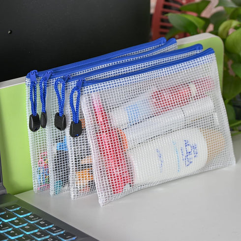 AUSTARK 10 Pcs Zipper File Bags, Waterproof Plastic Mesh Pouch for Office School, B6 Size 7.6''x5.3'', White and Blue