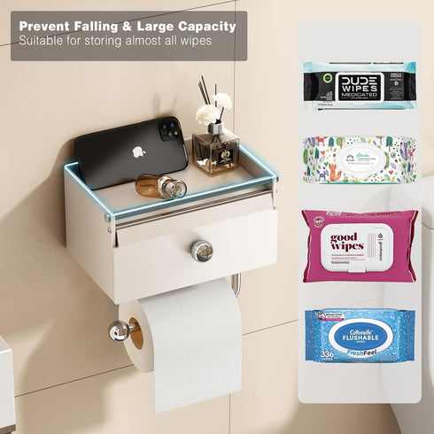 Voldra Toilet Paper Holder with Shelf, Flushable Wipes Dispenser for Bathroom, Adhesive Toilet Paper Roll Holder