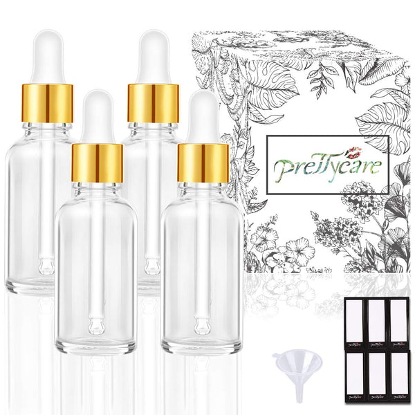 PrettyCare Eye Dropper Bottles, 2 oz, 4 Pack, Glass Bottles with Golden Caps, Labels, Funnel & Measured Pipettes