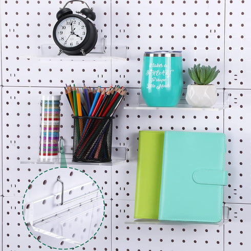 4 Set Pegboard Shelf - Clear Acrylic Shelf with Metal Hooks for Peg Board Organizer Accessories Storage in Craft Room
