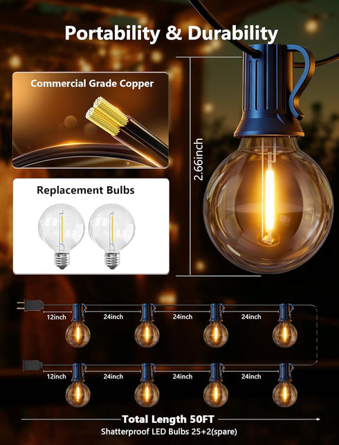 50FT G40 Bulbs, 2700K (25 Bulbs 2 Outdoor String Lights - Shatterproof LED Waterproof Connectable Patio String Lights